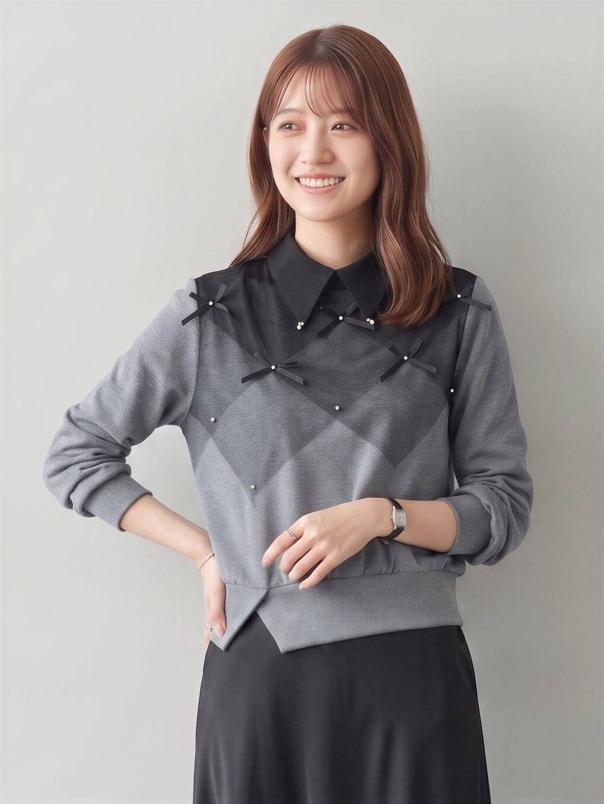 ダイヤ柄切り替え リボン付き 襟付き フェイクレイヤード スウェット-グレー-XL