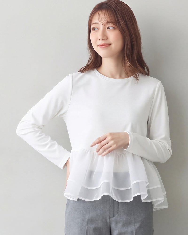 チュール切り替えフリルヘム フェイクレイヤードTシャツ-ホワイト-L
