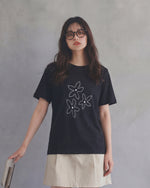 フラワーライン刺繍 ゆったりストレート クルーネック 半袖Tシャツ-ダークネイビー-L