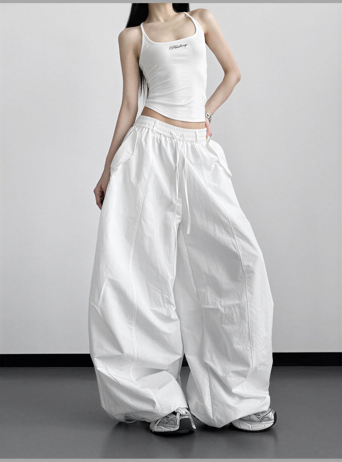 ドローストリング ボリュームワイドパンツ-ホワイト-XL