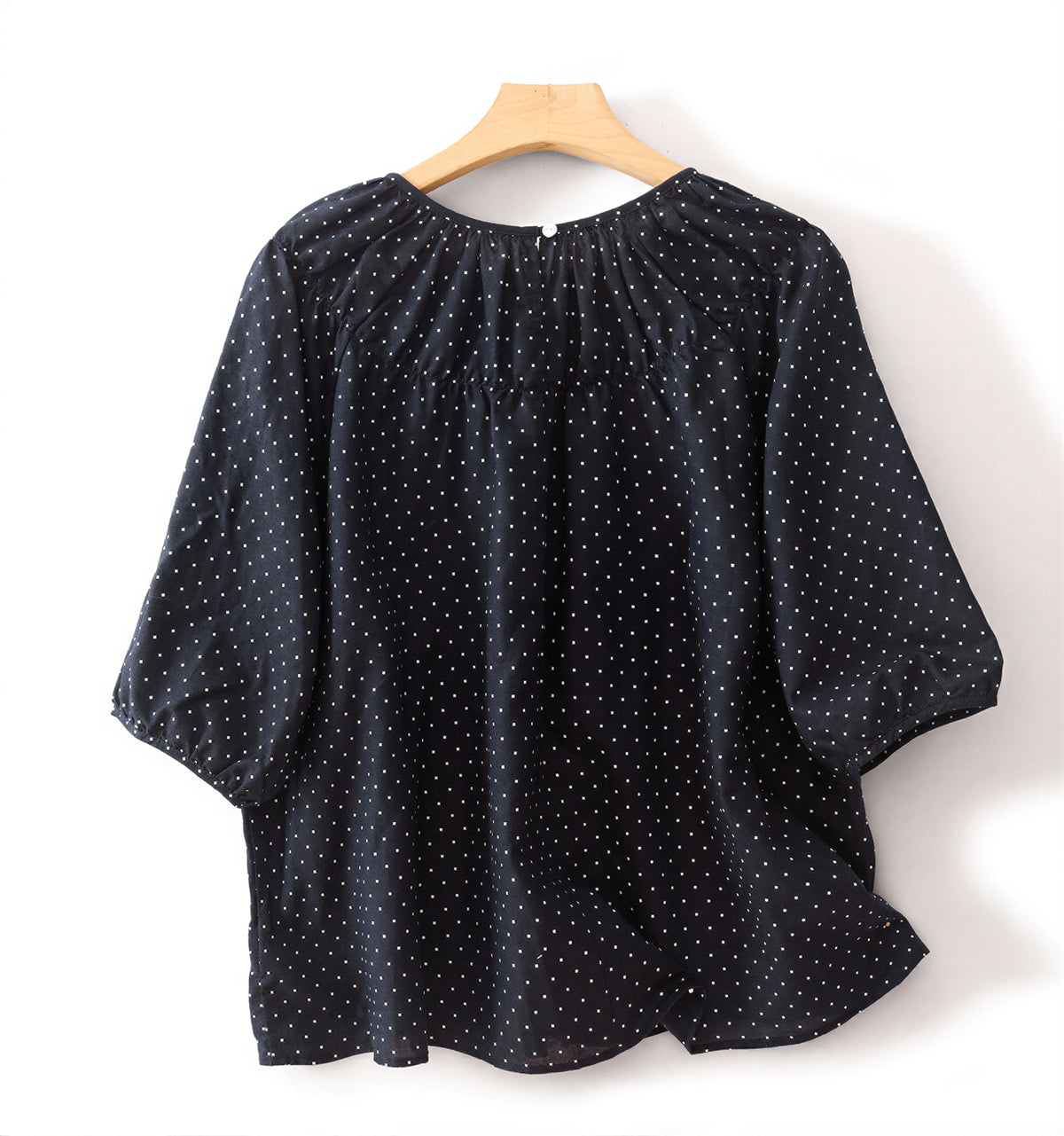 M-2XL ネイビードット ギャザー入り ゆったりブラウスXL