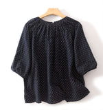 M-2XL ネイビードット ギャザー入り ゆったりブラウスXL
