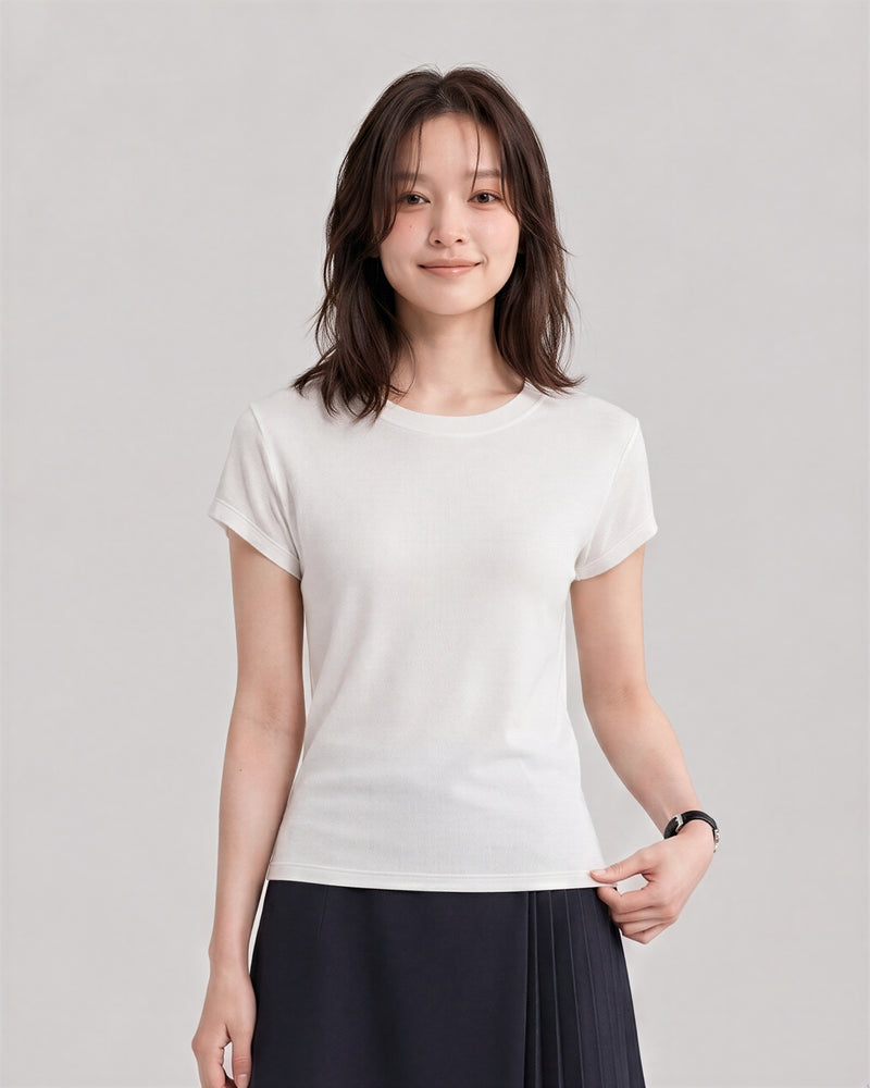 レディース テンセル クルーネック 半袖Tシャツ ベーシック 細身 カジュアル-ライトグレー-2XL