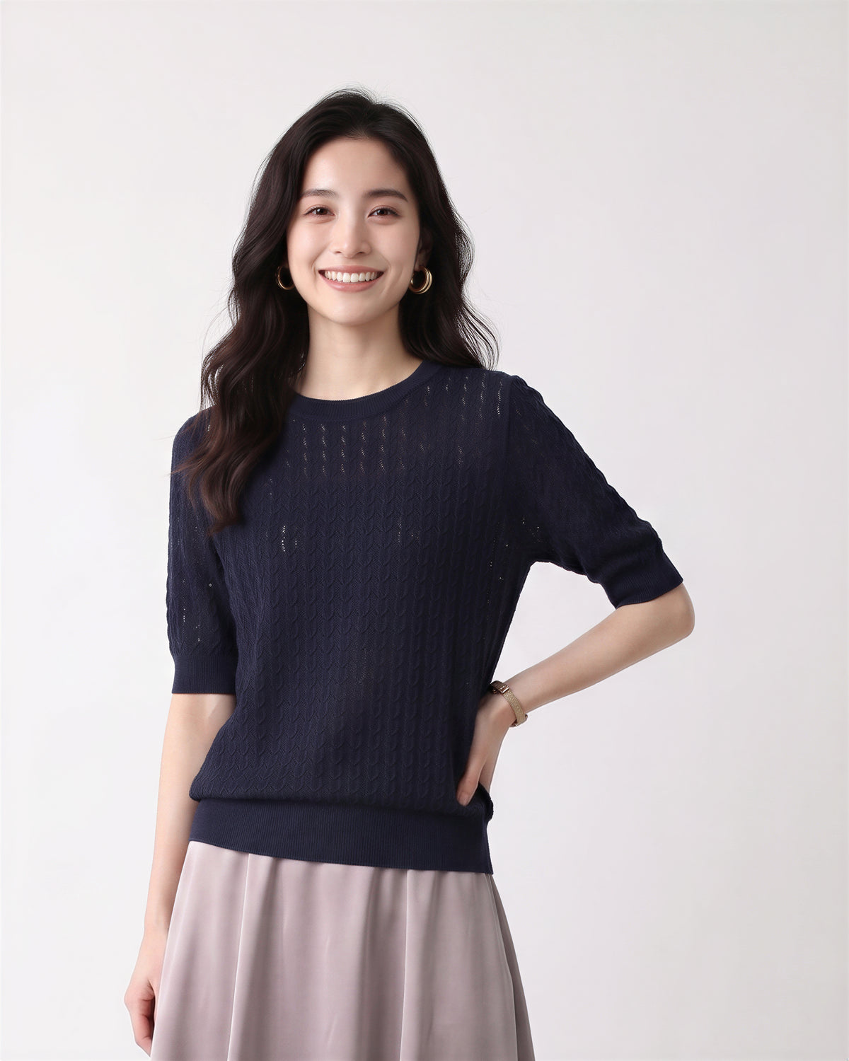 M~XL 透かしジャカード クルーネックニット