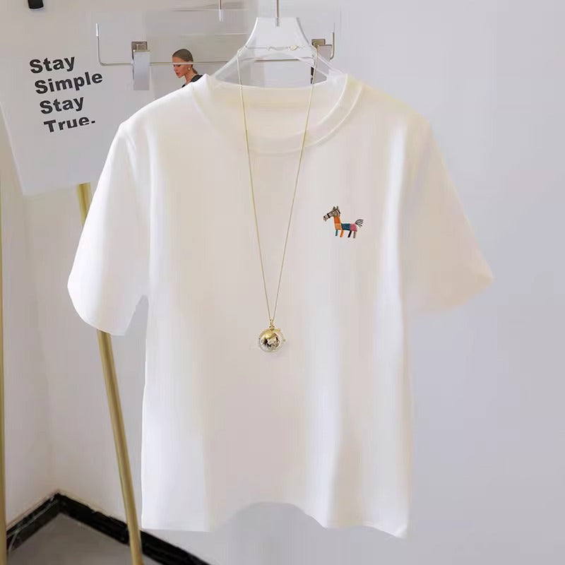 シンプル クルーネック ポニー刺繍Tシャツ