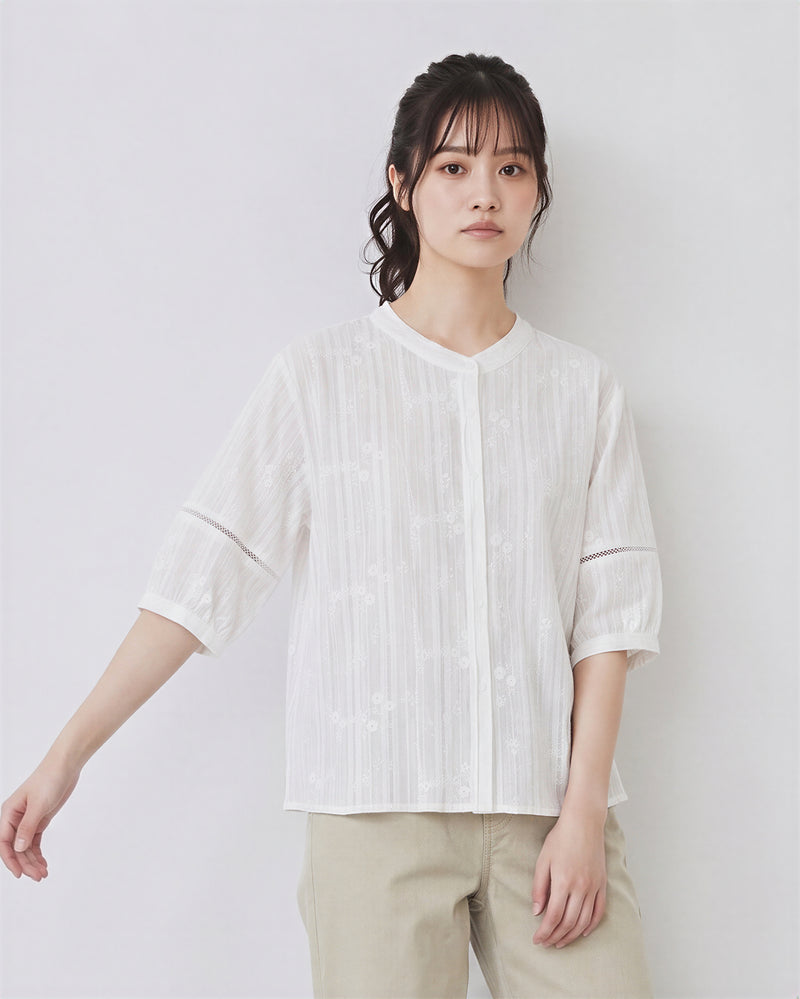立体プリーツ刺繍シャツ-ホワイト-2XL