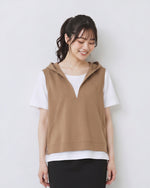 M~3XL フード付きVネック スリット入りフェイクレイヤードTシャツ