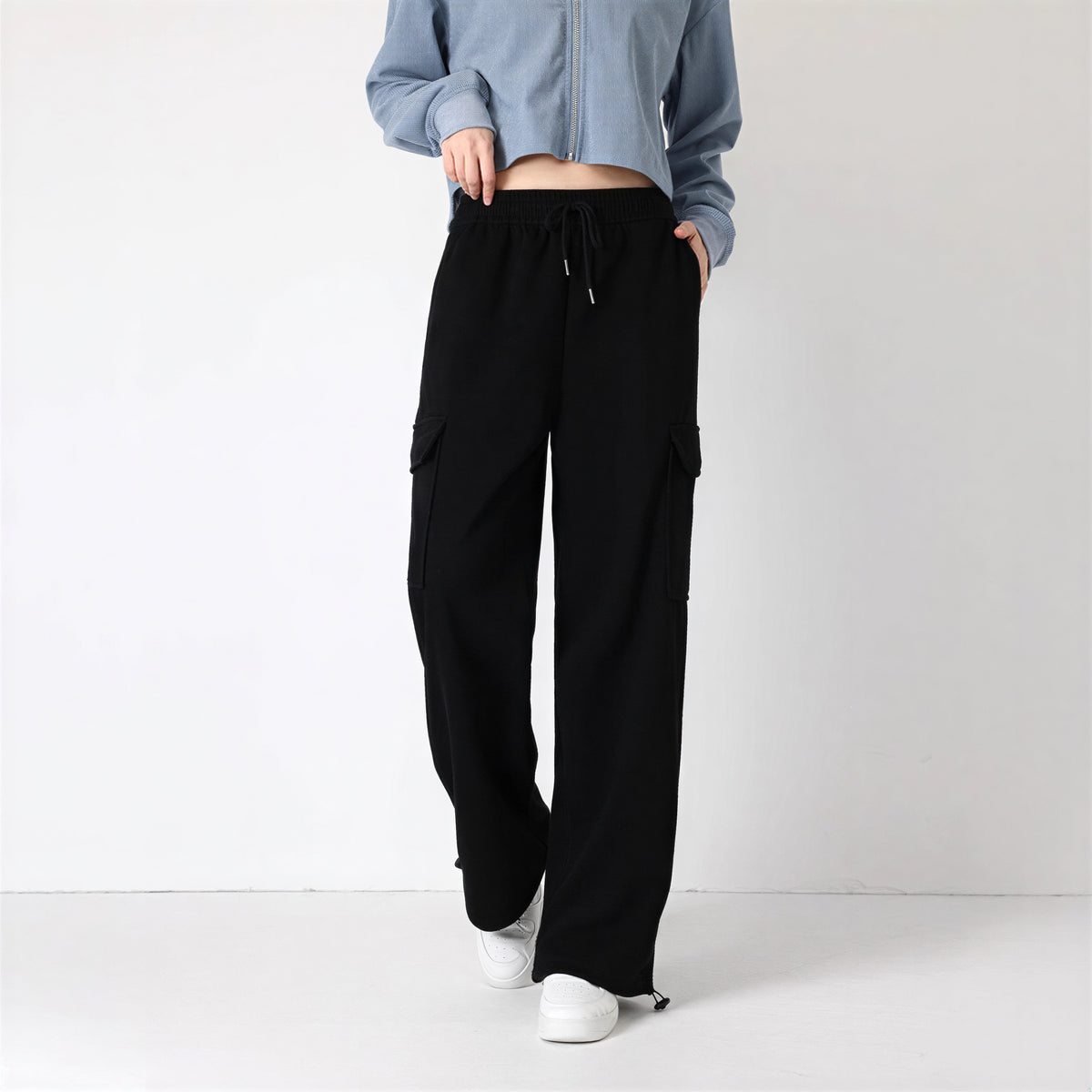 ドローストリング ハイウエスト ワイドカーゴパンツ-ブラック-5XL
