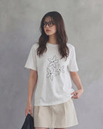 フラワーライン刺繍 ゆったりストレート クルーネック 半袖Tシャツ