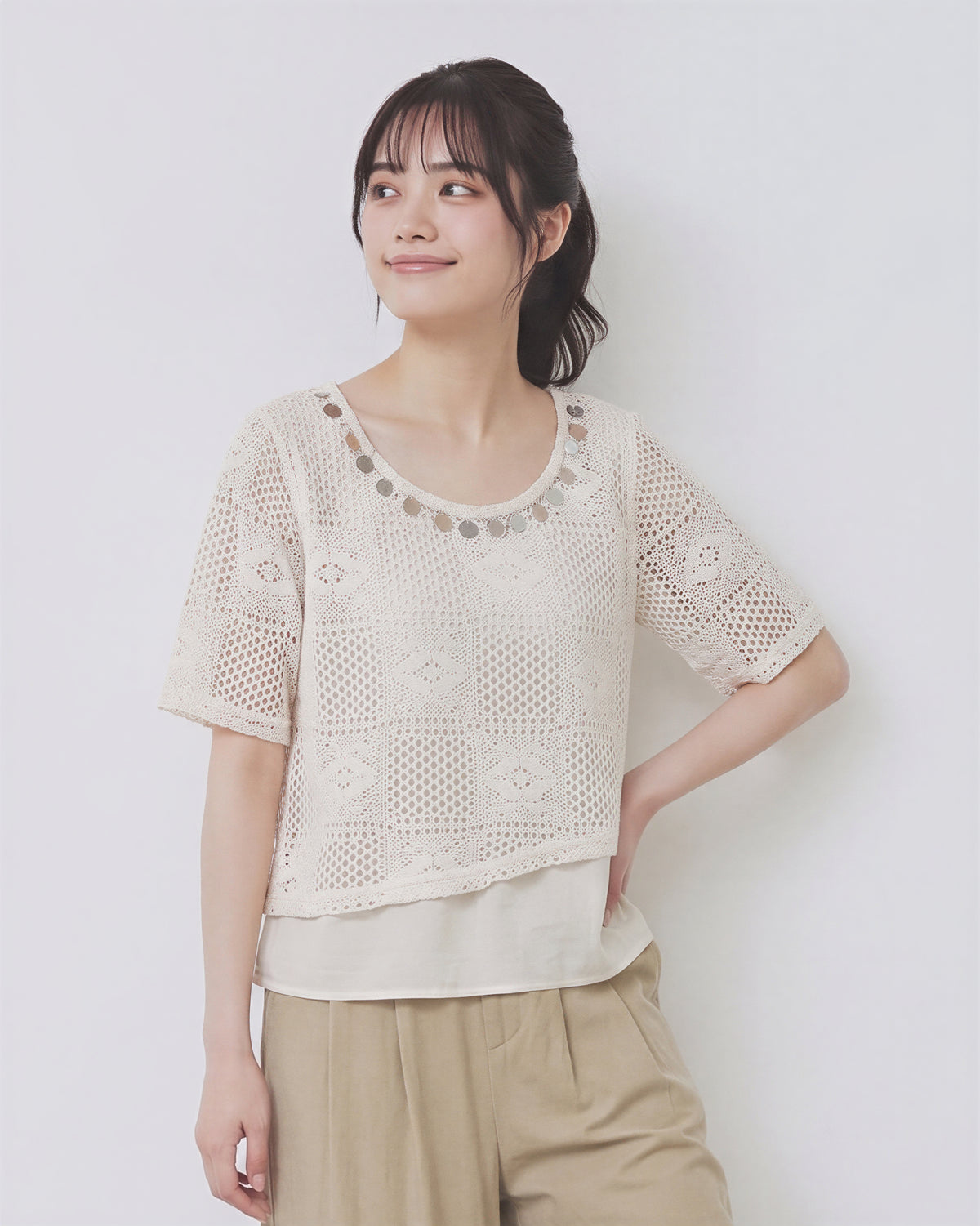 透かしレイヤード裾切り替えシャツ-ベージュ-L