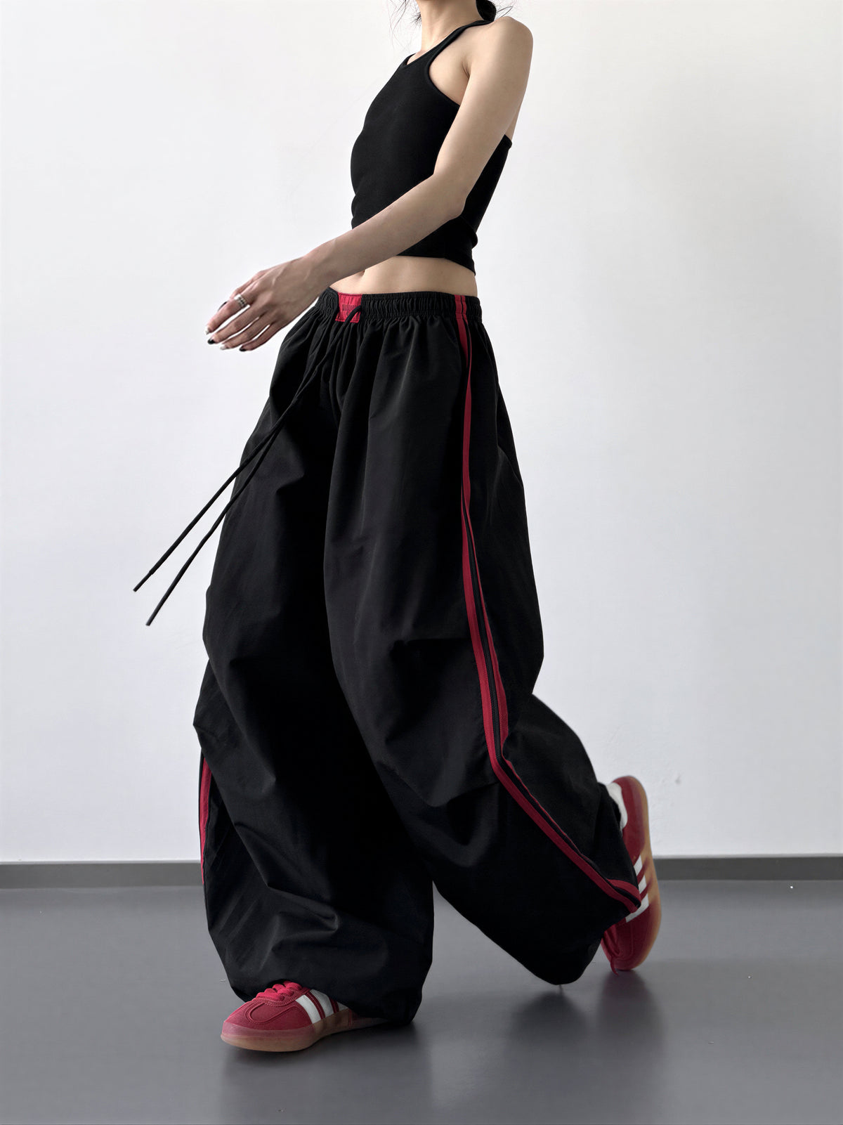 S-XL ドローストリング付きウエストゴム 配色ステッチワイドパンツ