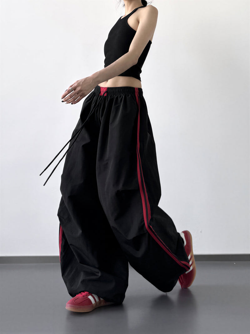 S-XL ドローストリング付きウエストゴム 配色ステッチワイドパンツ