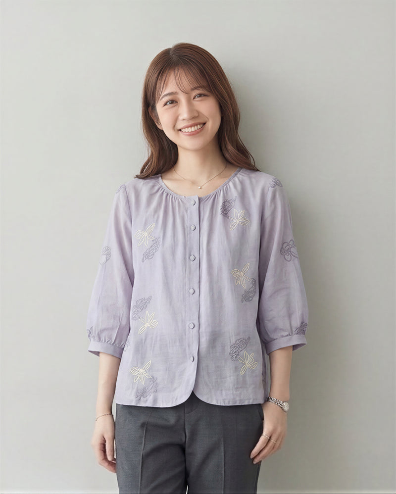 天然ラミー生地  | ラウンドネック 刺繍バルーンスリーブブラウス