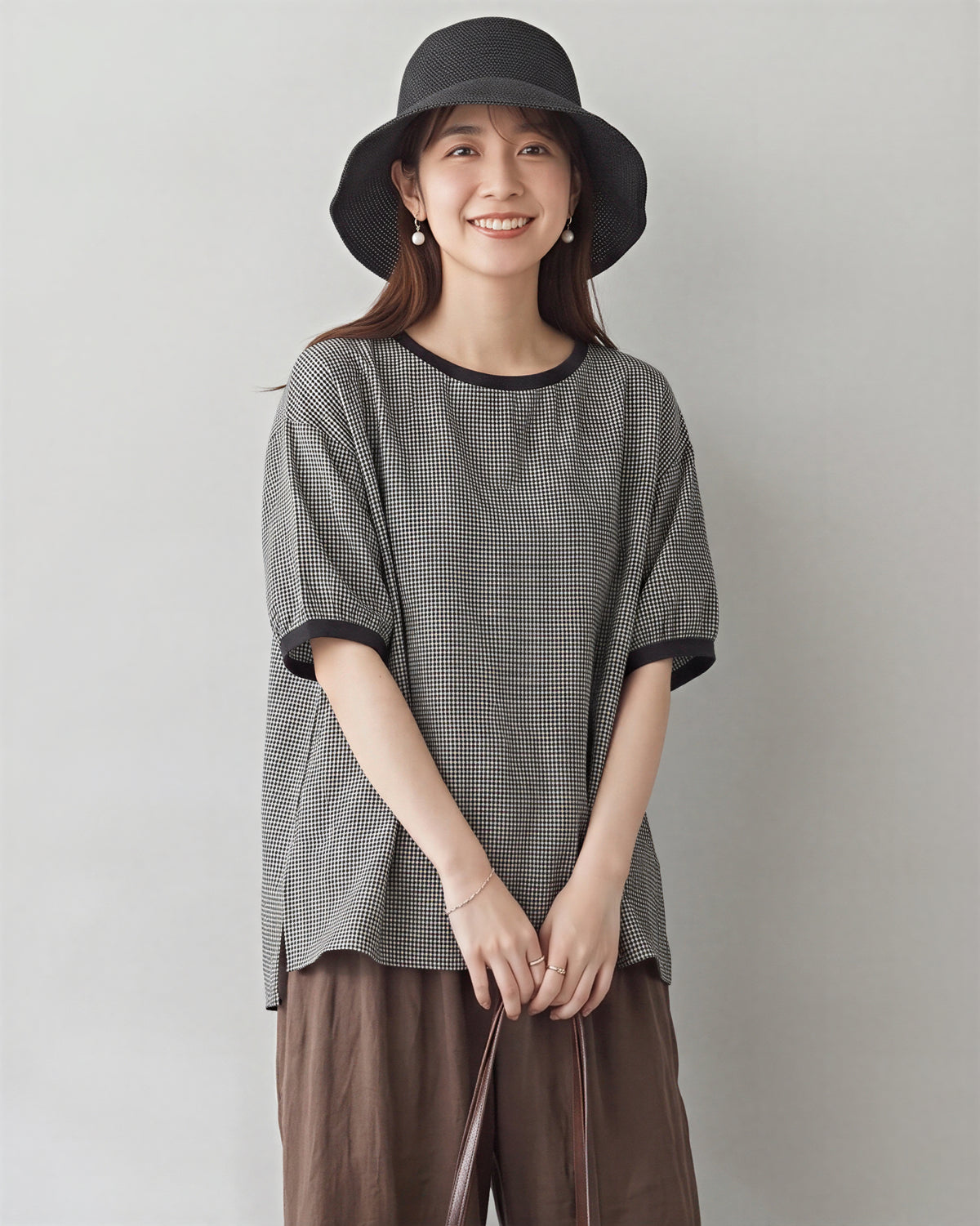 ゆったりドロップショルダー チェックプルオーバー-スモークグレー-2XL