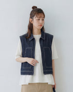 ネイビー デニム 襟付き ジップアップ ベスト-ダークネイビー-2XL