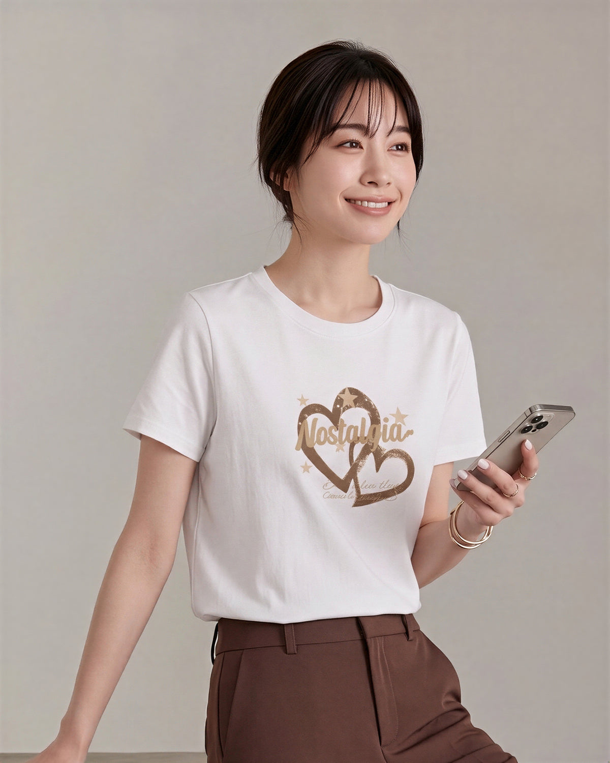 ラウンドネック ハートプリント ルーズTシャツ-ホワイト-5XL