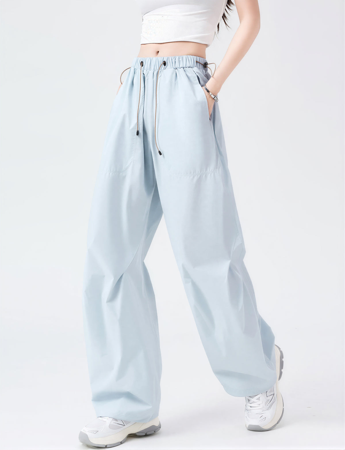 ドローストリング ハイウエスト ワイドレッグ カーゴパンツ-サックス 速乾パンツ -3XL