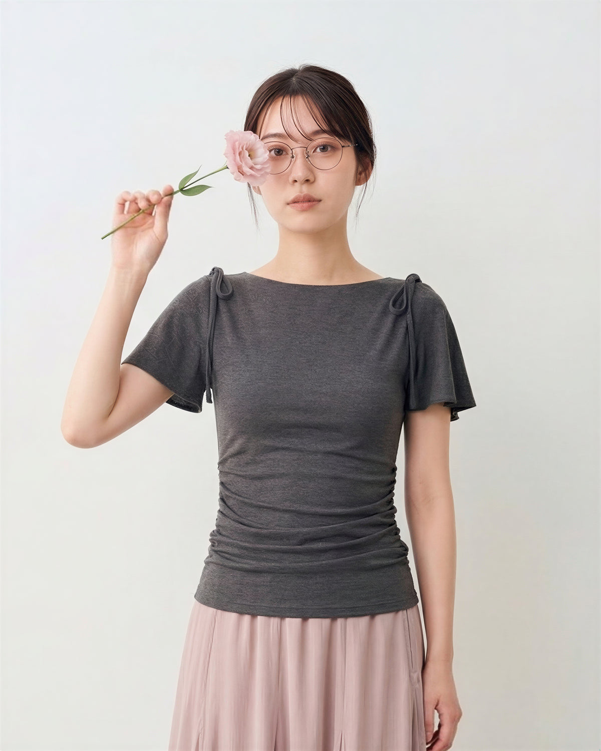 オフショル風ボートネック ウエストギャザー フリルフレアスリーブ 半袖Tシャツ