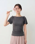 オフショル風ボートネック ウエストギャザー フリルフレアスリーブ 半袖Tシャツ