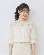 M~2XL カットワークレース切り替え パフスリーブブラウス