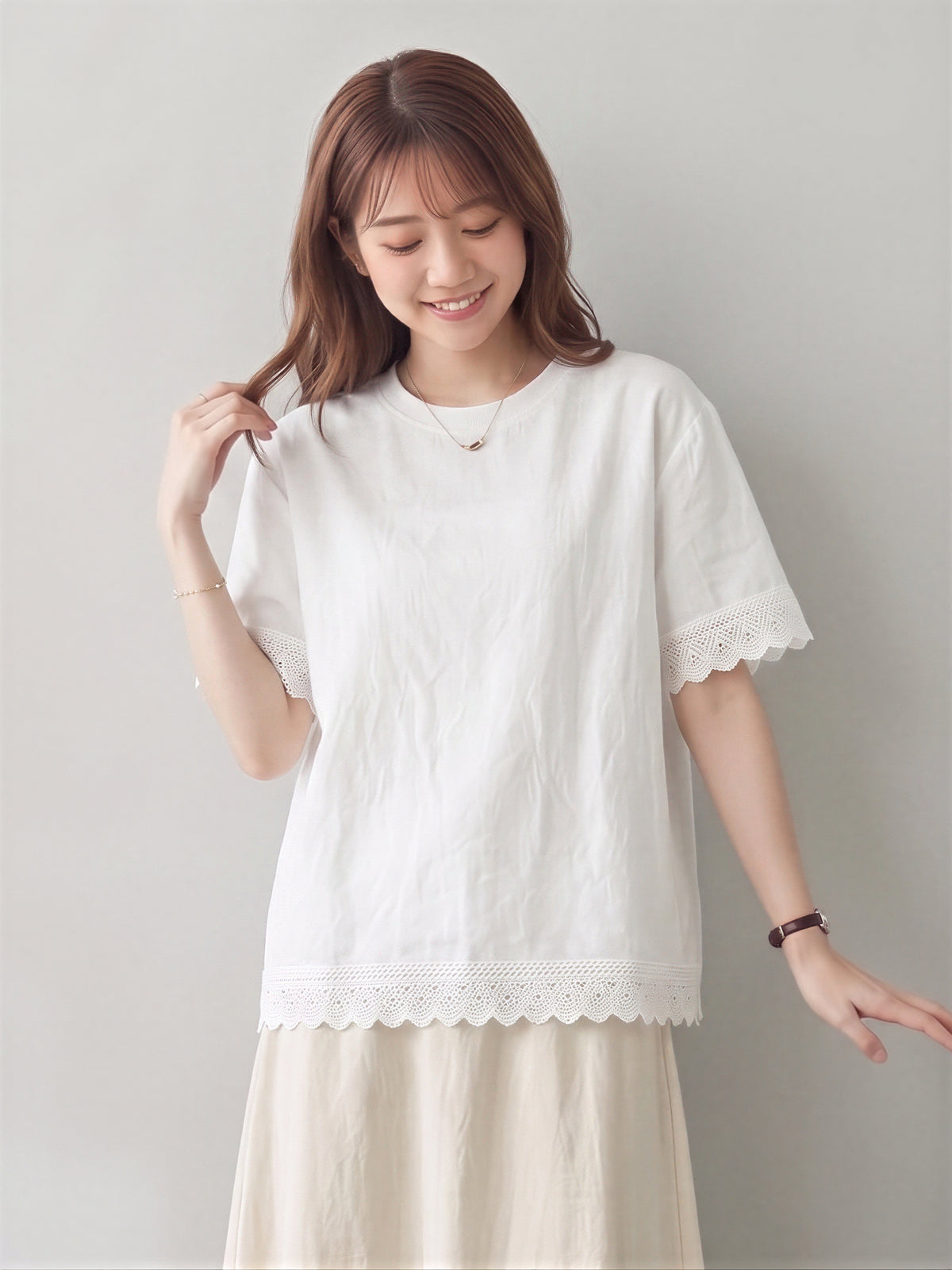 カットワークレース ラウンドネック 半袖Tシャツ-ホワイト-2XL