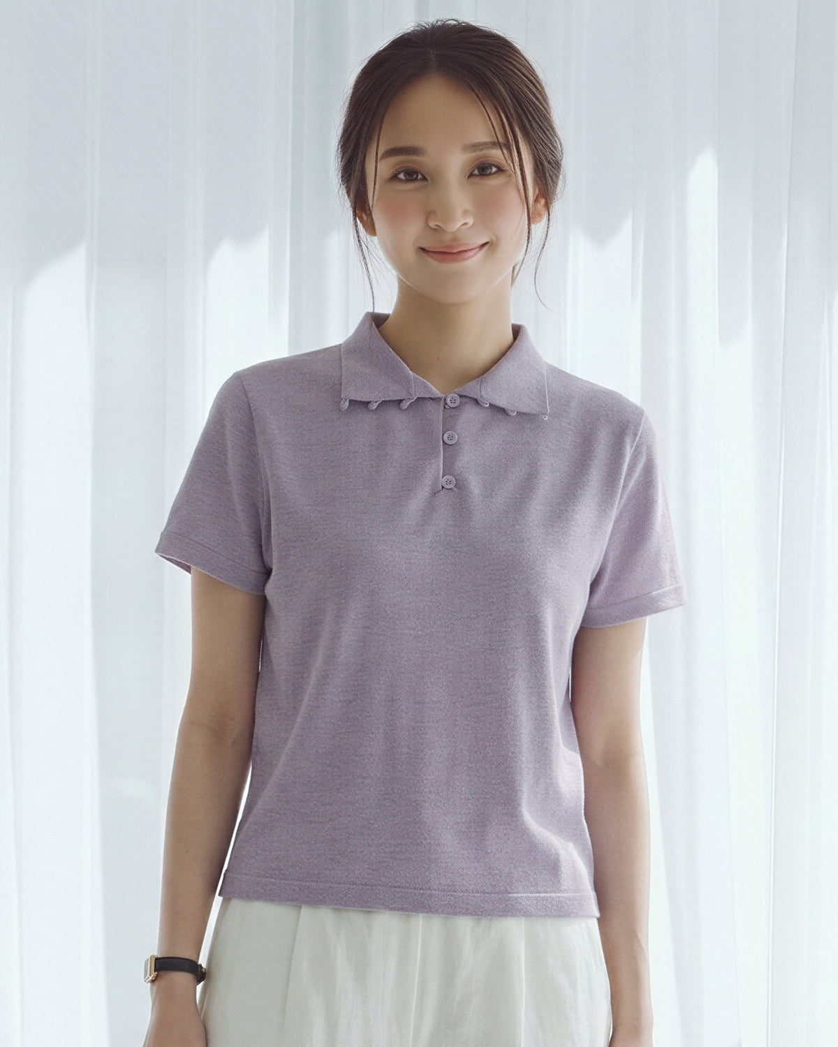 スタンドカラーボタン付きスリムTシャツ