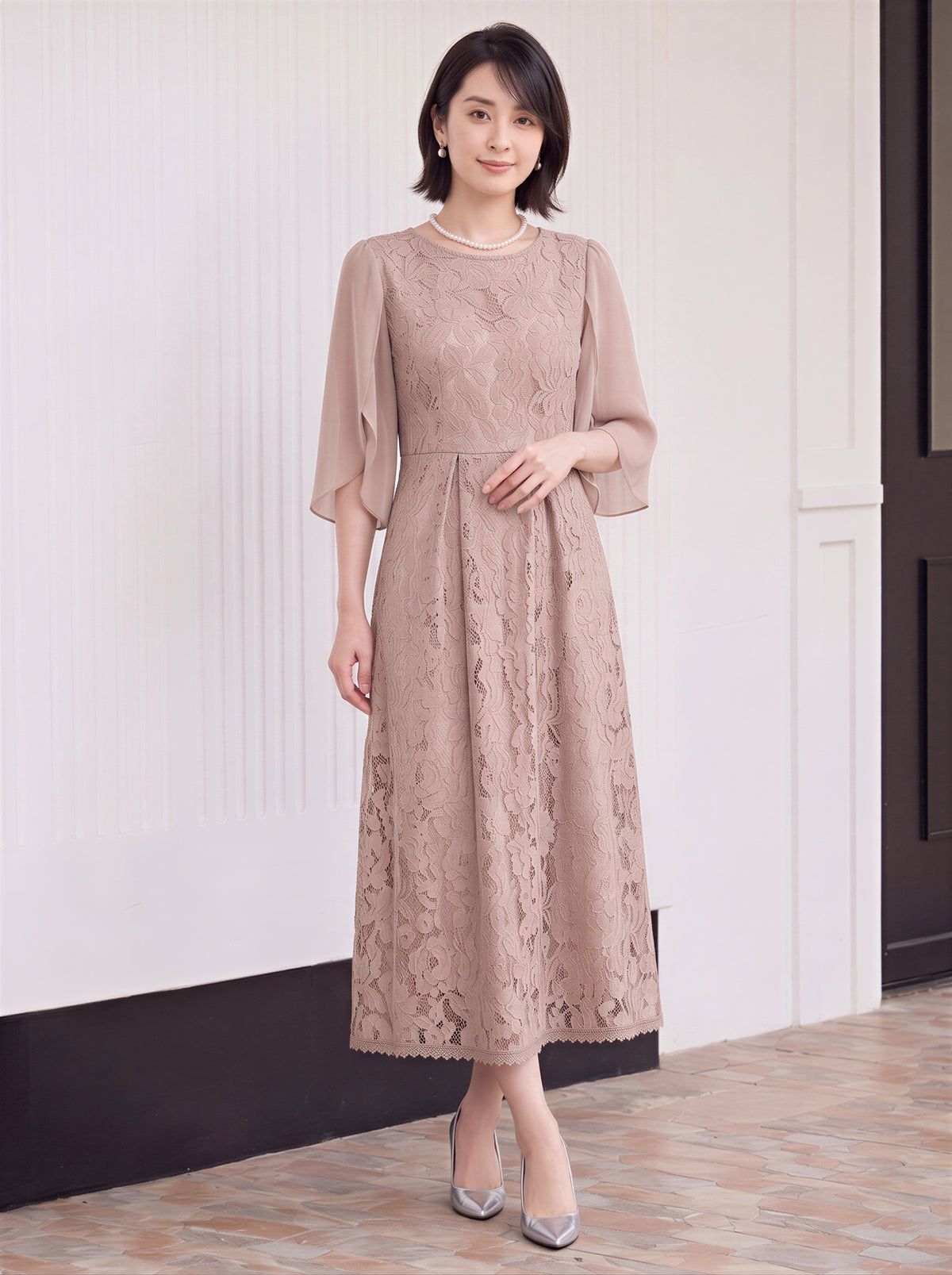【秋新作】【全3色】S~2XL ケープスリーブ ウエストマーク レースワンピース