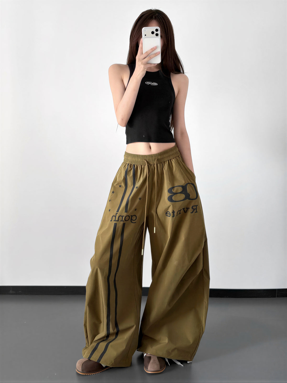 ドローストリング ハイウエスト ワイドシルエットパンツ