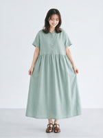 【全2色】M~2XL スタンドカラー 前ボタン ハイウエスト プリーツ ロングワンピース