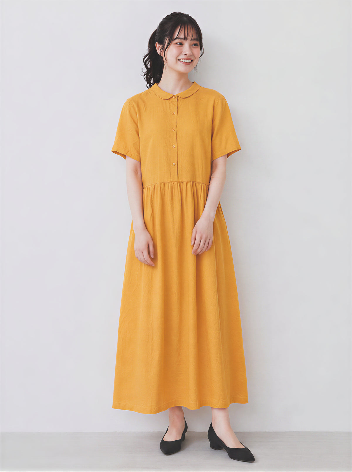 【全2色】M~2XL スタンドカラー 前ボタン ハイウエスト プリーツ ロングワンピース