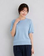 ライトブルー クルーネック スリムフィット リブニット 半袖-サックス-2XL