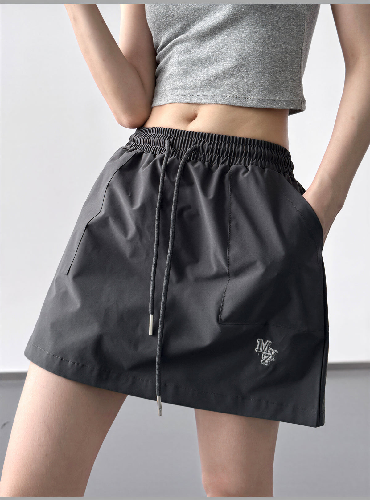 S-XL ウエストゴム ドローストリング Aラインミニスカート