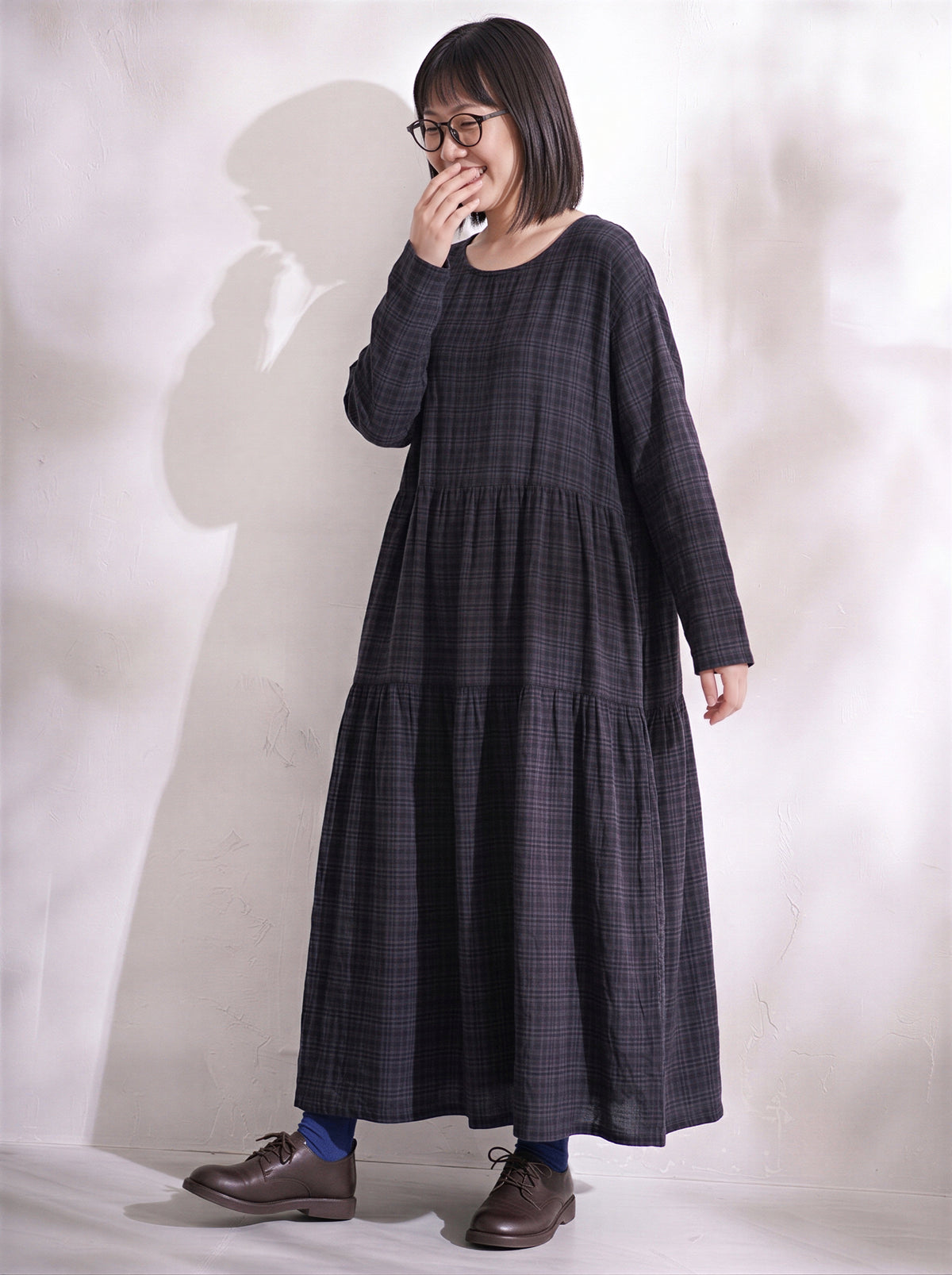 綿麻ゆったりシンプル継ぎ手長袖洋装