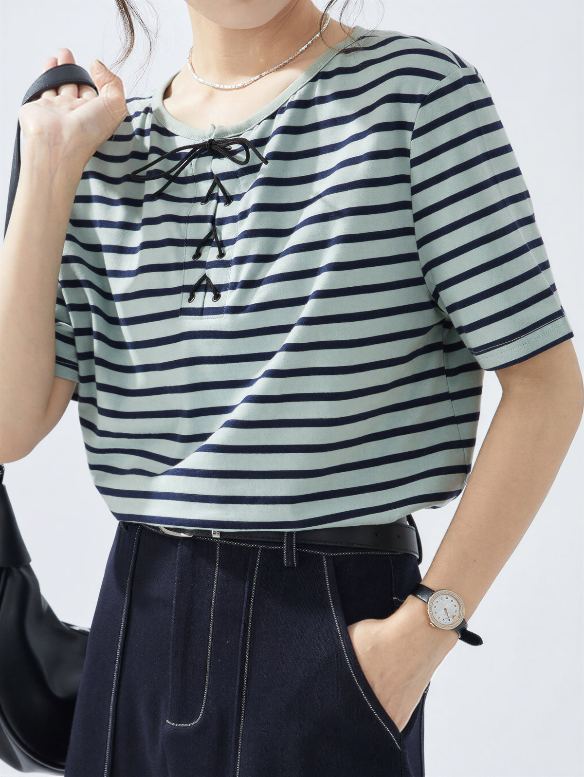 ボーダー リボン付き クルーネック 半袖Tシャツ