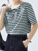 ボーダー リボン付き クルーネック 半袖Tシャツ
