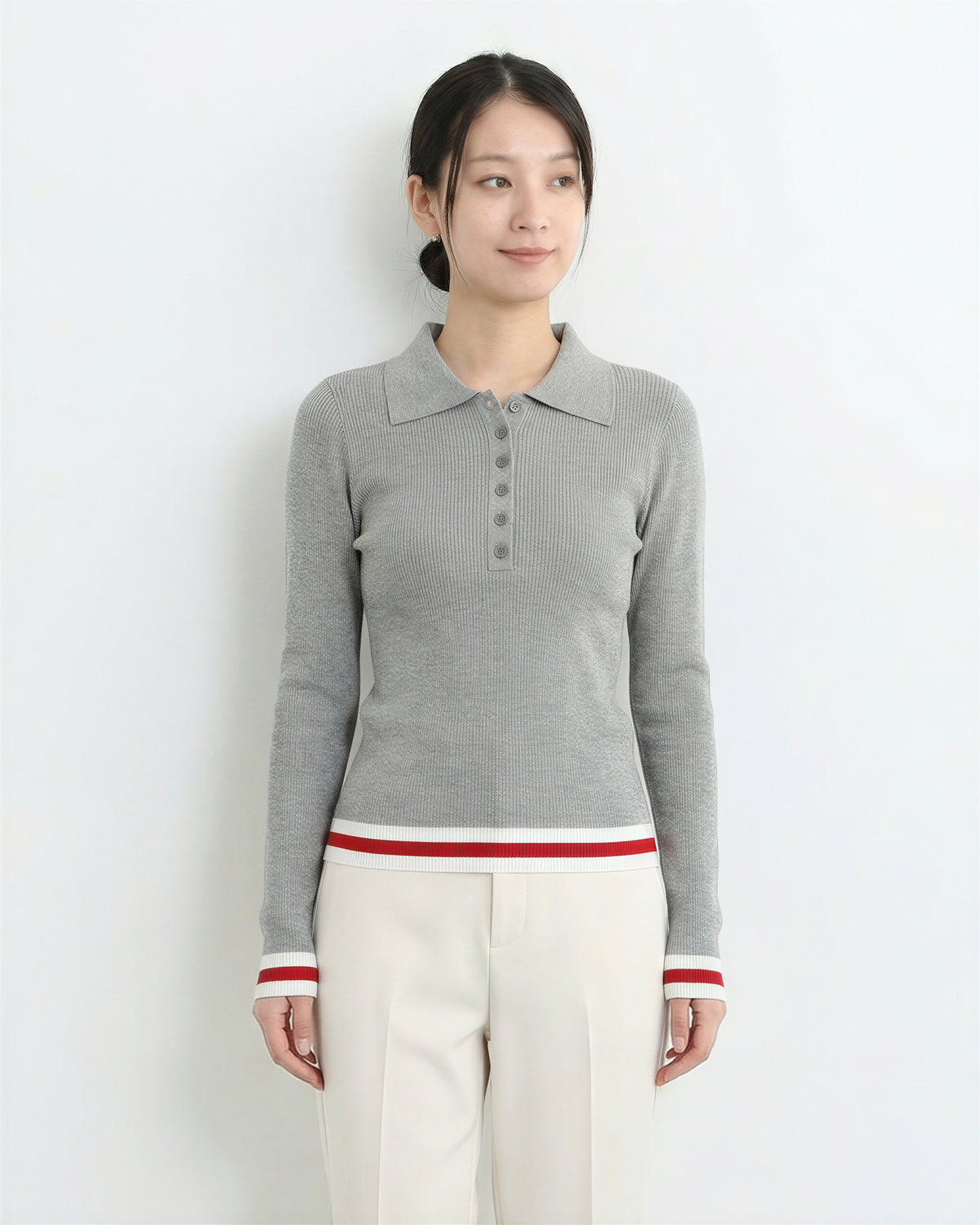 襟付き 前ボタン すっきりフィット 配色ボーダー ニットトップス-グレー -XL