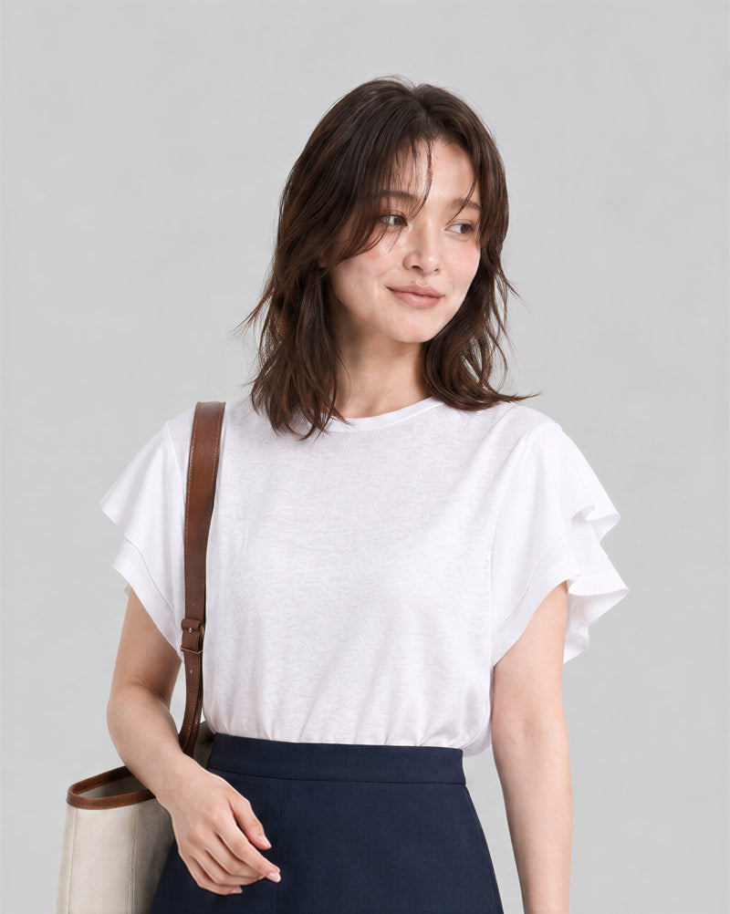 ラウンドネック フリルスリーブ ゆったりTシャツ