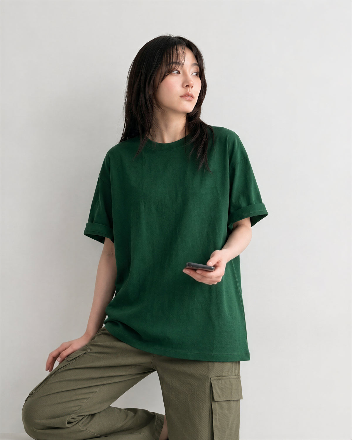 半袖Tシャツ ゆったりシルエット ミドル丈 カジュアル ドロップショルダー コットン-グリーン-3XL