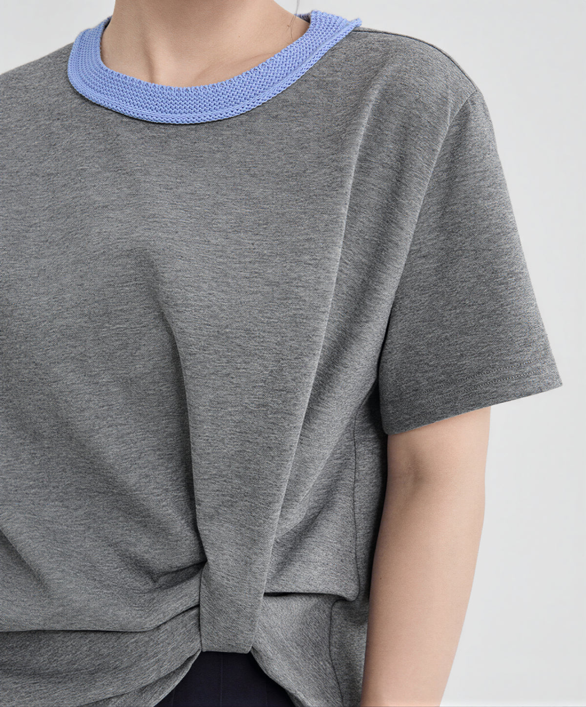 配色クルーネック サイドツイスト 半袖Tシャツ