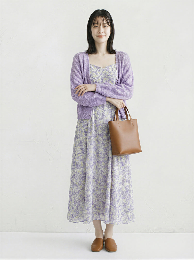 ラベンダー色 リラックスニットカーディガン×小花柄キャミワンピース 2点セット