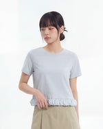クルーネック ショート丈 ペプラム裾 背中あきリボン 半袖Tシャツ