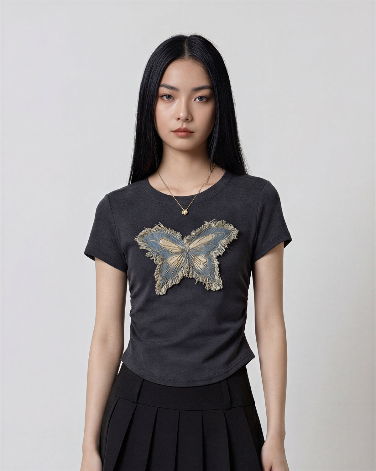 バタフライ立体フリンジワッペン クルーネック半袖Tシャツ-ブラック-5XL