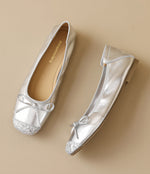スクエアトゥ 配色切り替え リボン フラットバレエシューズ