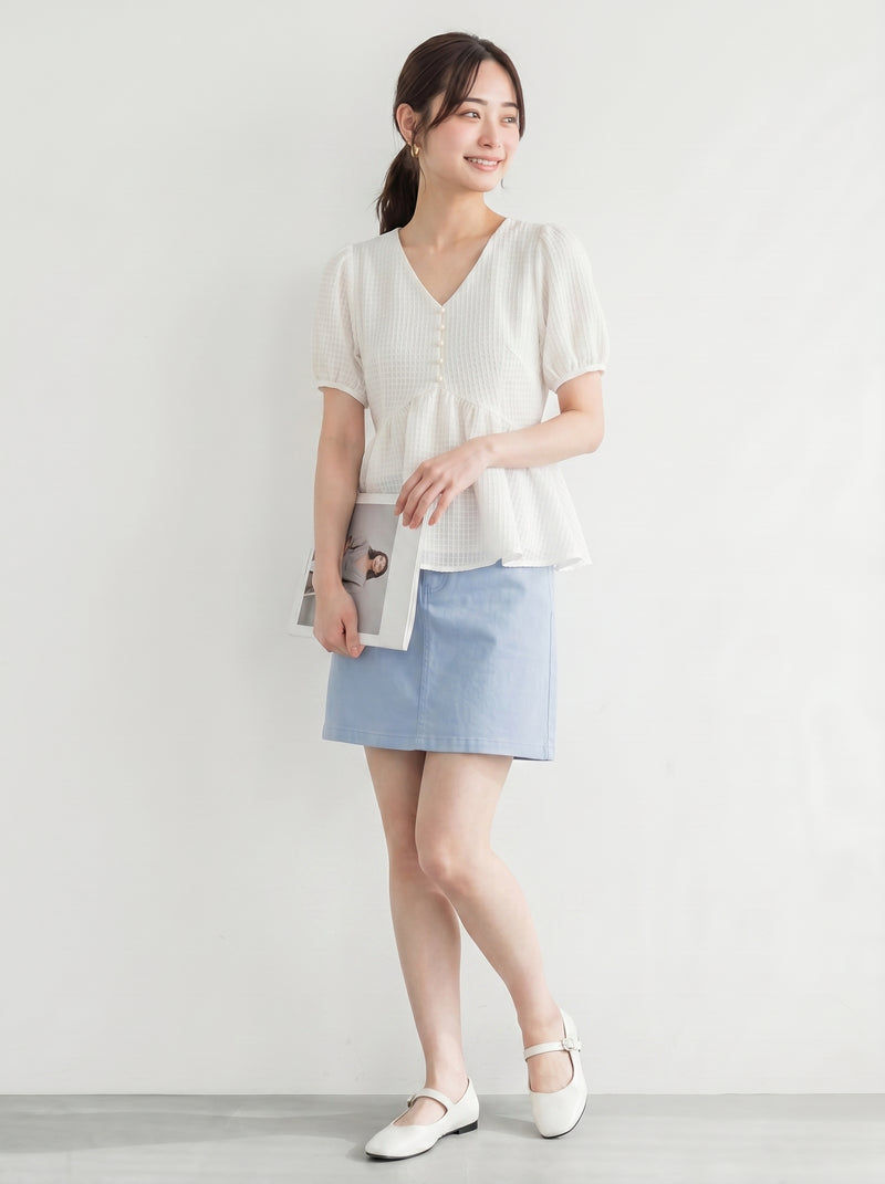 Vネック ウエストシェイプ パフスリーブ シフォンブラウス