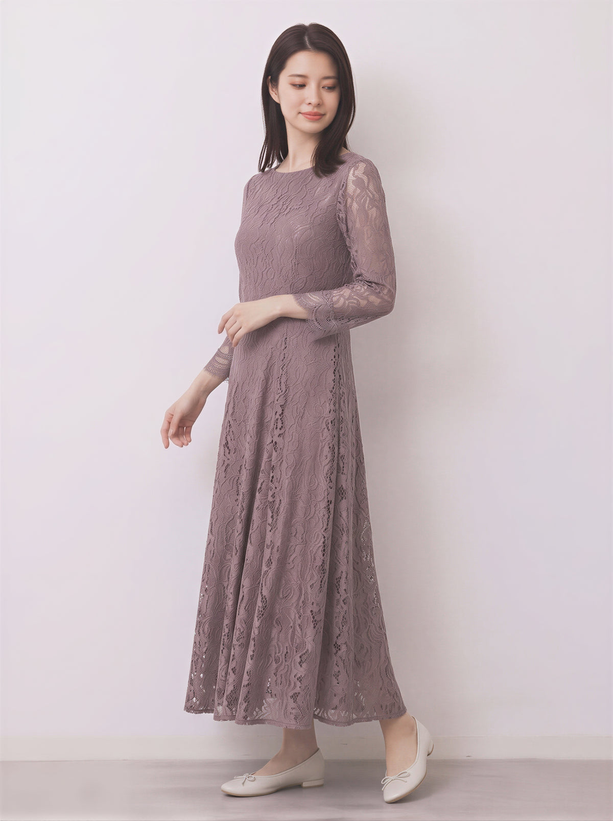 【秋新作】【全2色】S~2XL ラウンドネック 長袖 Aライン レースワンピース
