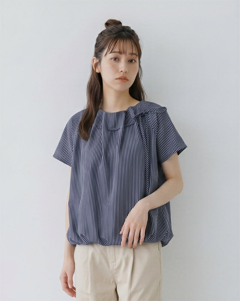 細ストライプ ドローストリング ギャザー 半袖シャツ-ダークブルー-4XL