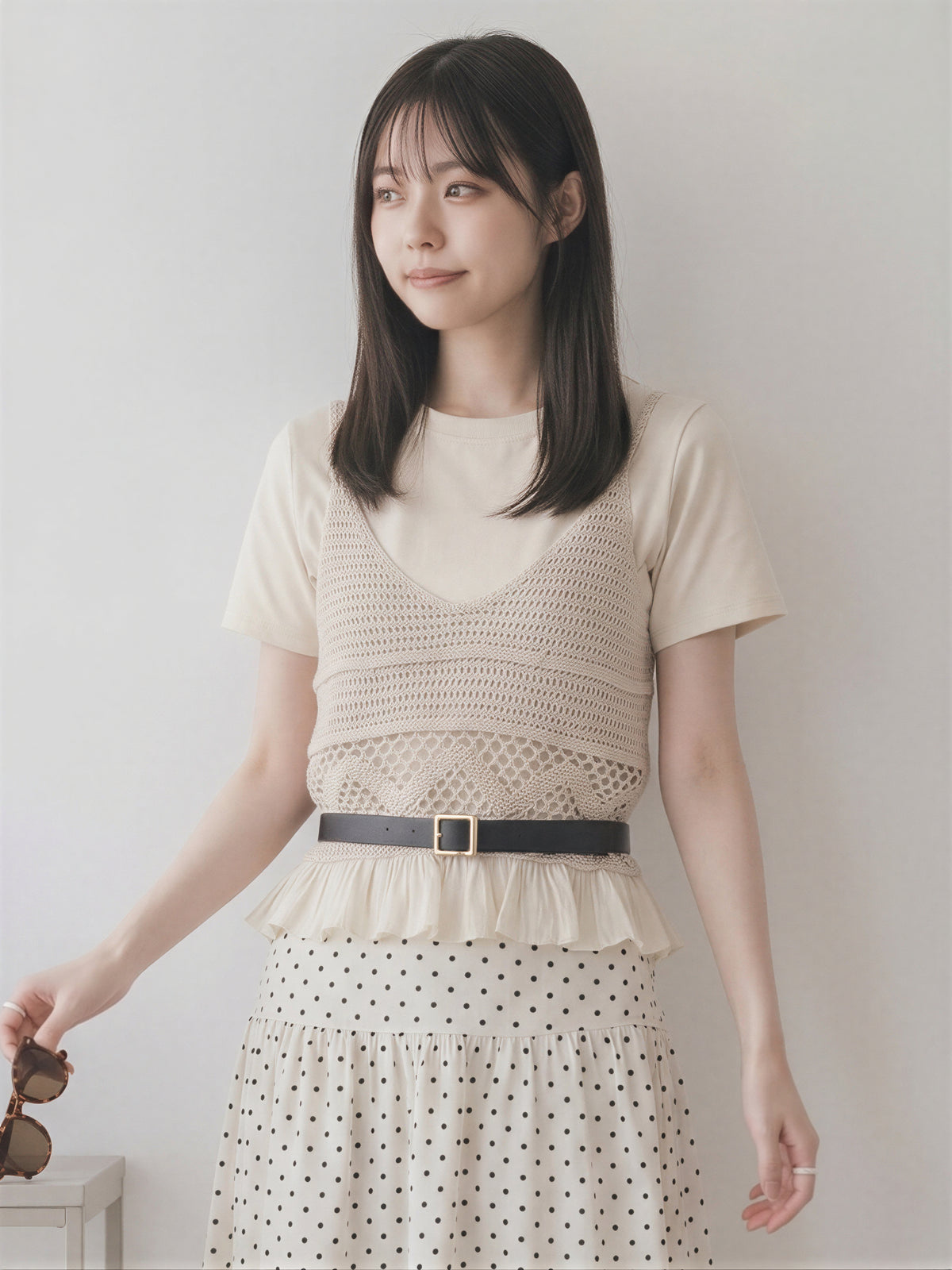 透かし編みニット ペプラム キャミソール×Tシャツ 2点セット-グレージュ-L