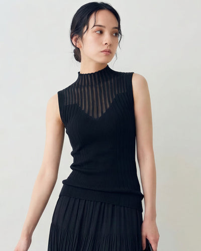 縦ストライプシアー ハイネック風 ウエストシェイプ ニットベスト-ブラック-XL