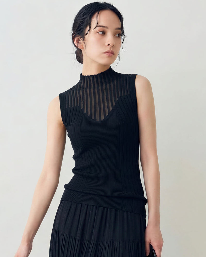 縦ストライプシアー ハイネック風 ウエストシェイプ ニットベスト-ブラック-XL