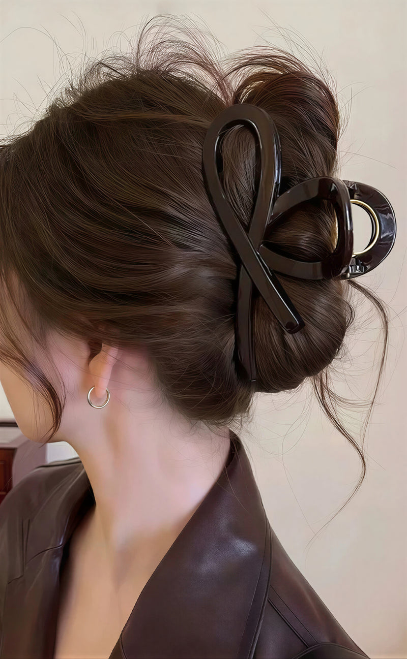 大きめリボンデザインのシンプルヘアクリップ-ダークブラウン 13cm-小号